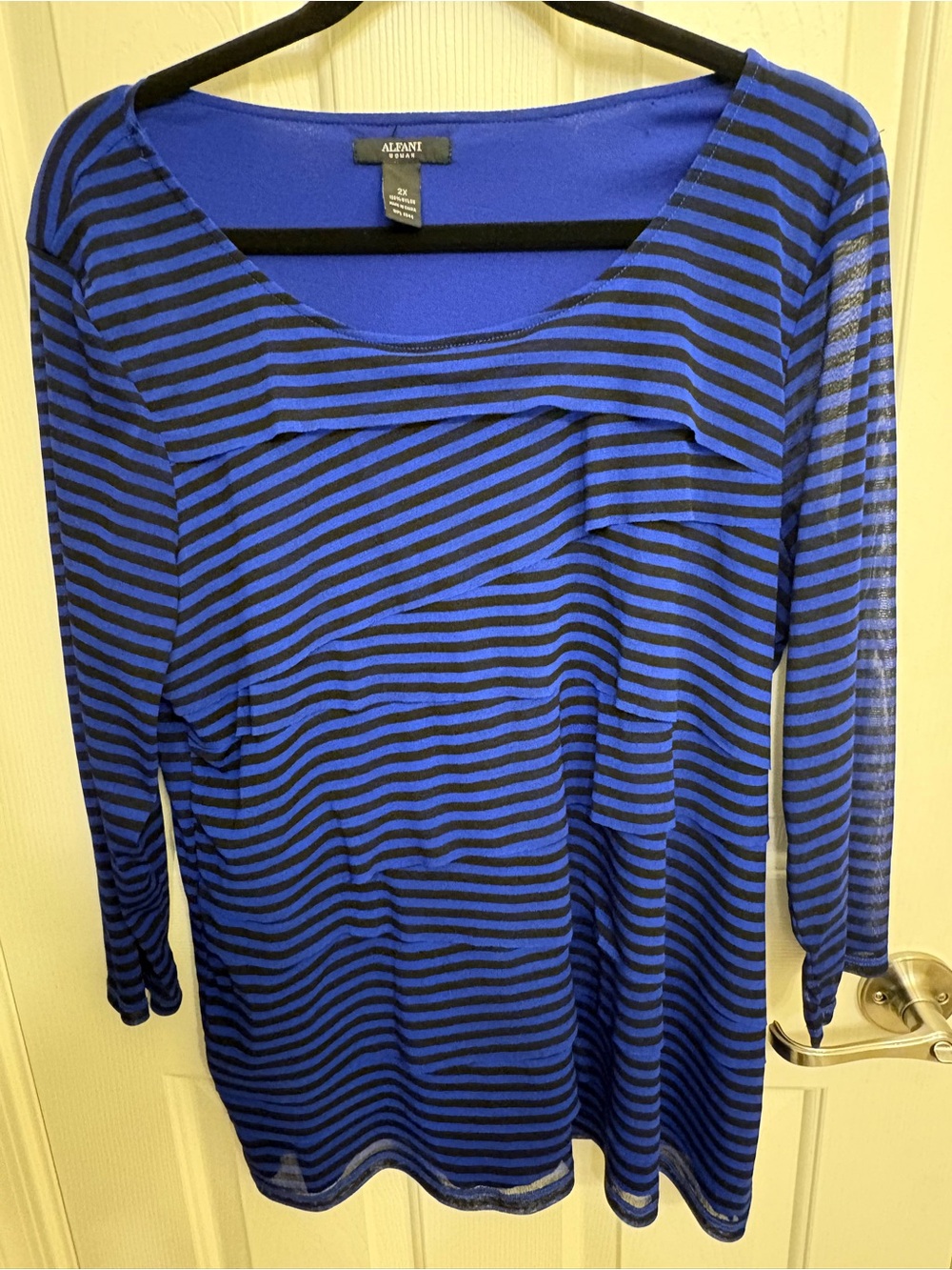 Alfani Blue and Black Layered Sheer, Striped Long Sleeve Scoop Neck Top